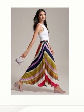 Maeve Pleated Diagonal Stripe Midi Skirt in Olive, Navy, Pink & Red
